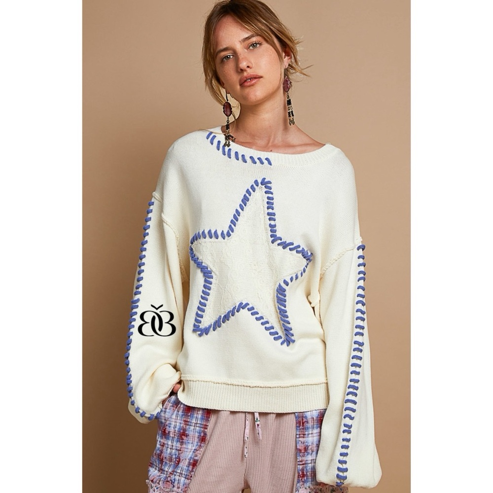 POL Cream Star Patch Sweater | Contrast Stitch Crochet Lace